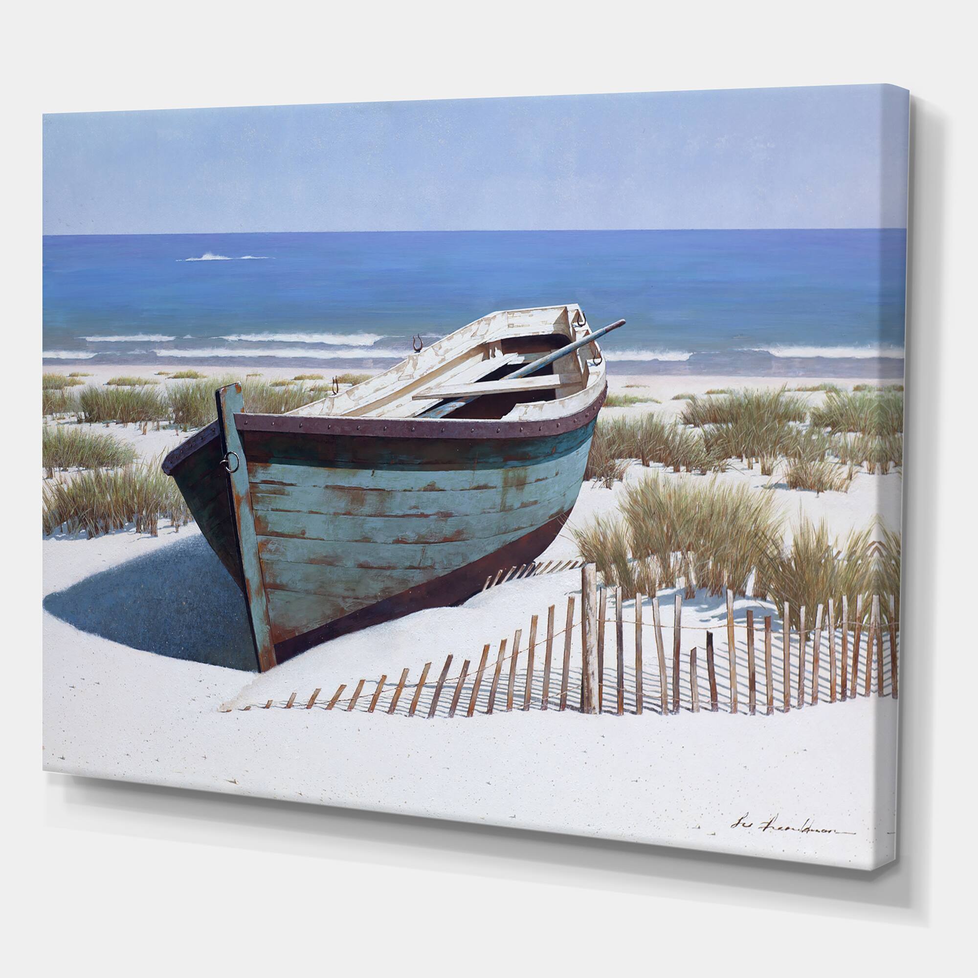 Designart - Blue Boat on Beach